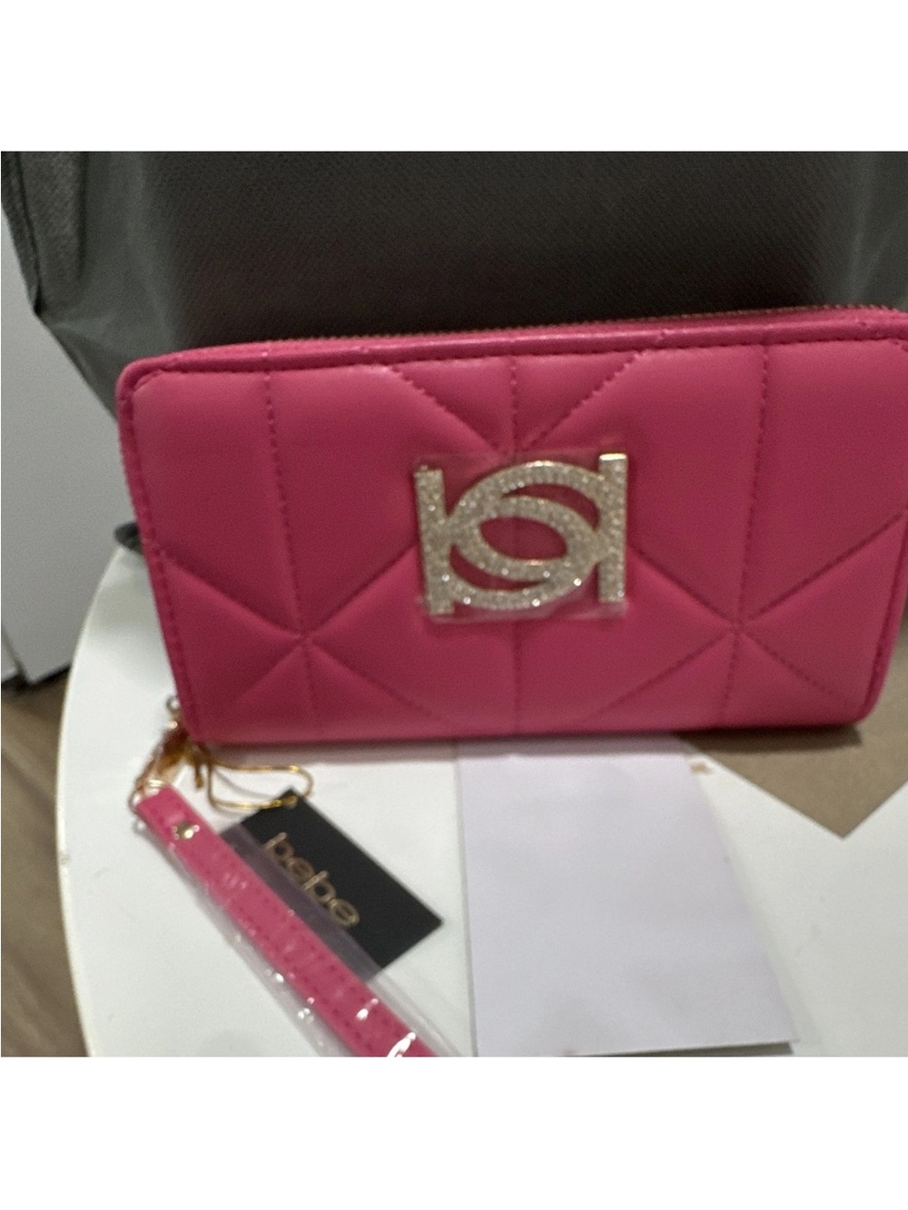 bebe Quilted Hot Pink Zip-Around Wallet with Crystal Logo Plate
